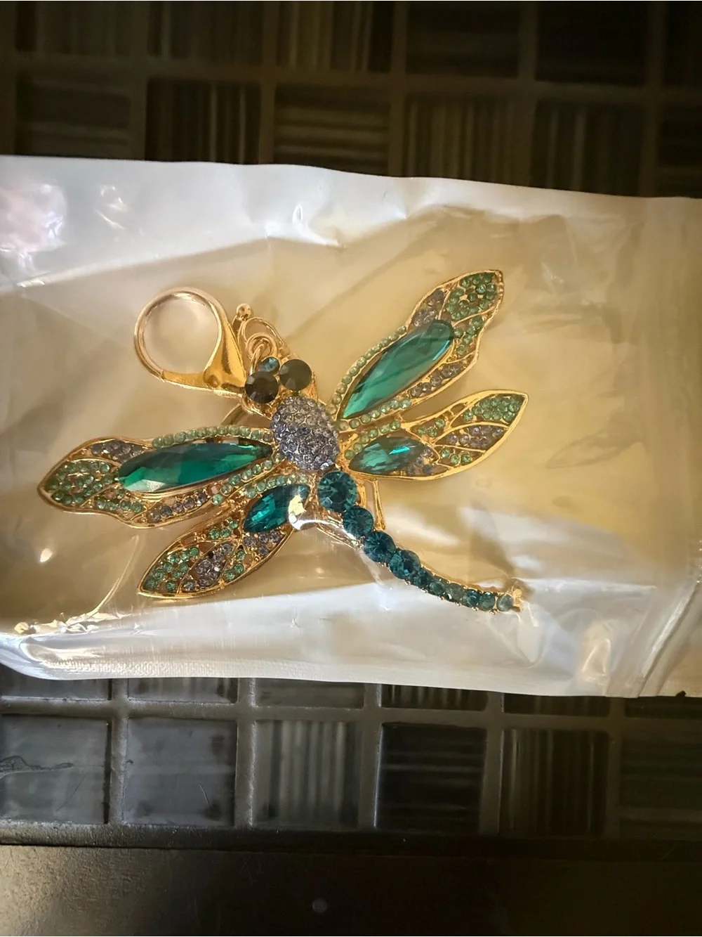 Gold & Teal Dragonfly Keychain with Green Crystal Accents